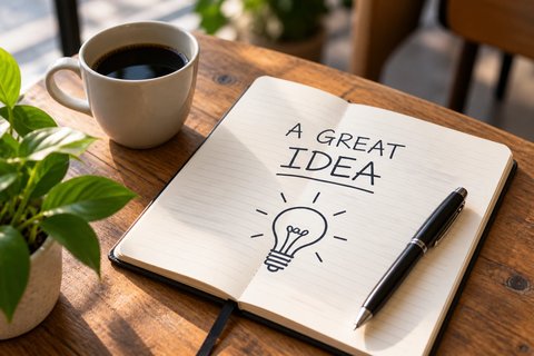 An open notebook with a lightbulb sketch and the words “A great idea”, beside a cup of coffee.
