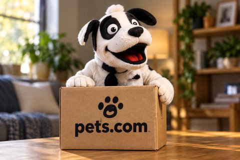 An illustrative dog sock puppet behind a Pets.com delivery box.