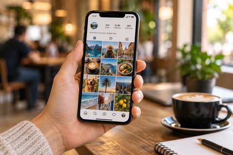 A hand holding a smartphone displaying a grid of shared photographs.