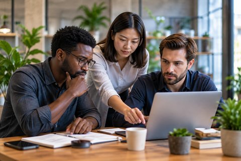 Three coworkers bring different perspectives to a discussion around a laptop.