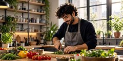 A man preparing fresh food in a professional kitchen.