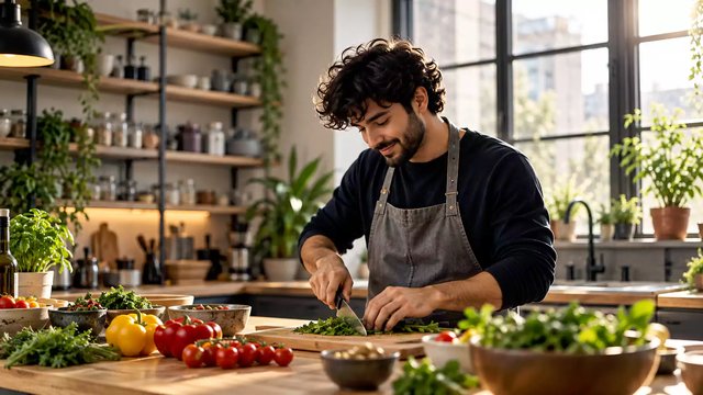 A man preparing fresh food in a professional kitchen.