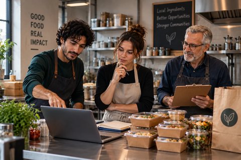 Three people reviewing packaged meals and business plans in a small commercial kitchen.